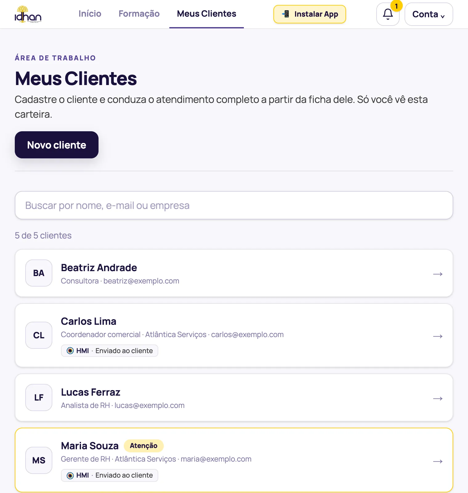 Carteira de clientes da plataforma no computador
