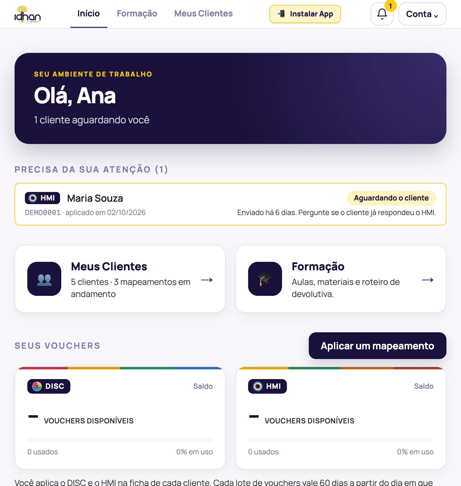 Painel da plataforma IDHAN com dados de demonstração