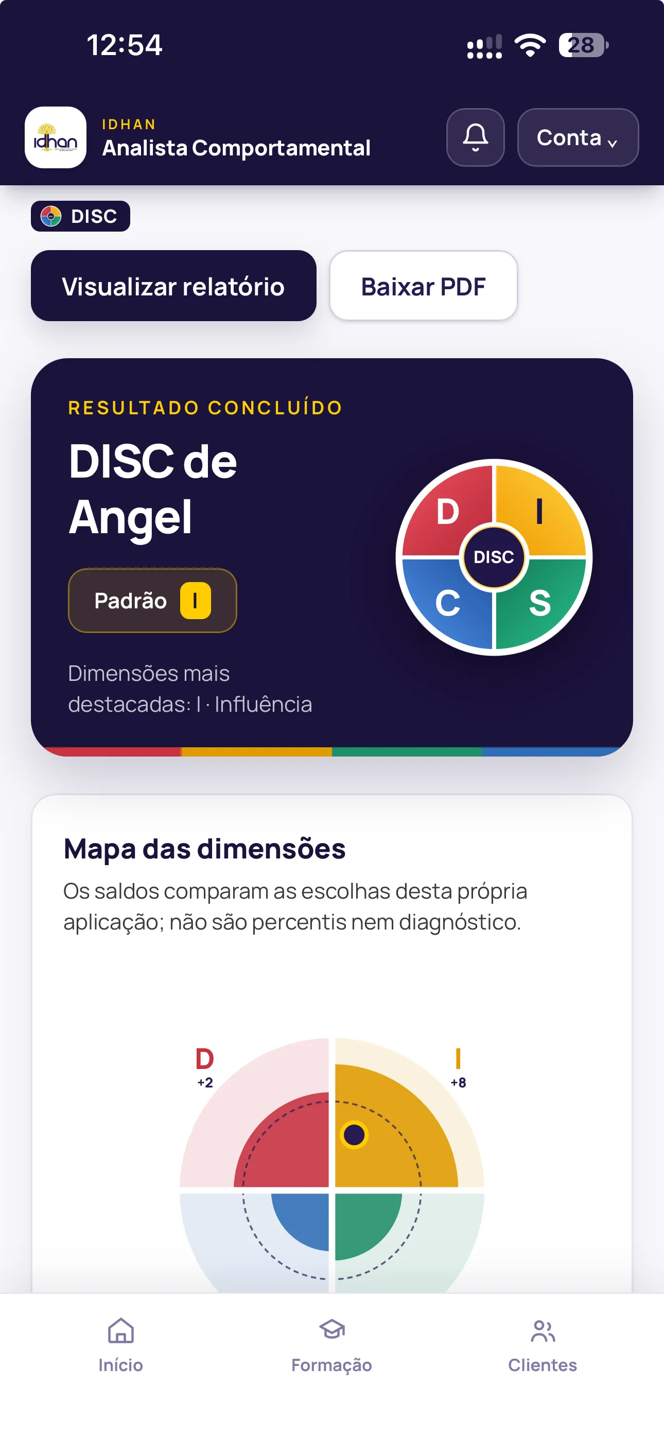 Resultado DISC apresentado no aplicativo, com relatório e mapa das dimensões