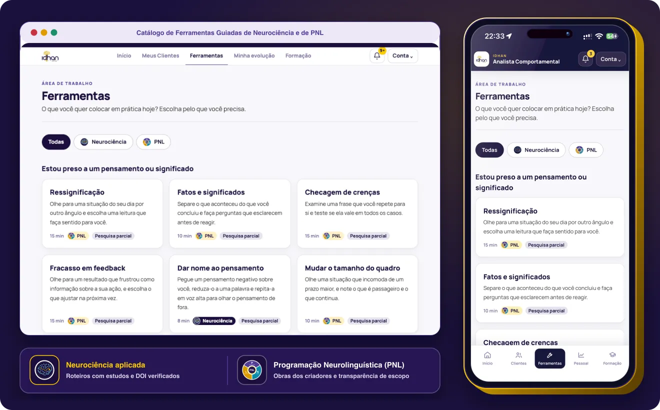 Catálogo de ferramentas guiadas de Neurociência e de PNL no computador e no celular dentro da plataforma Analista Comportamental IDHAN